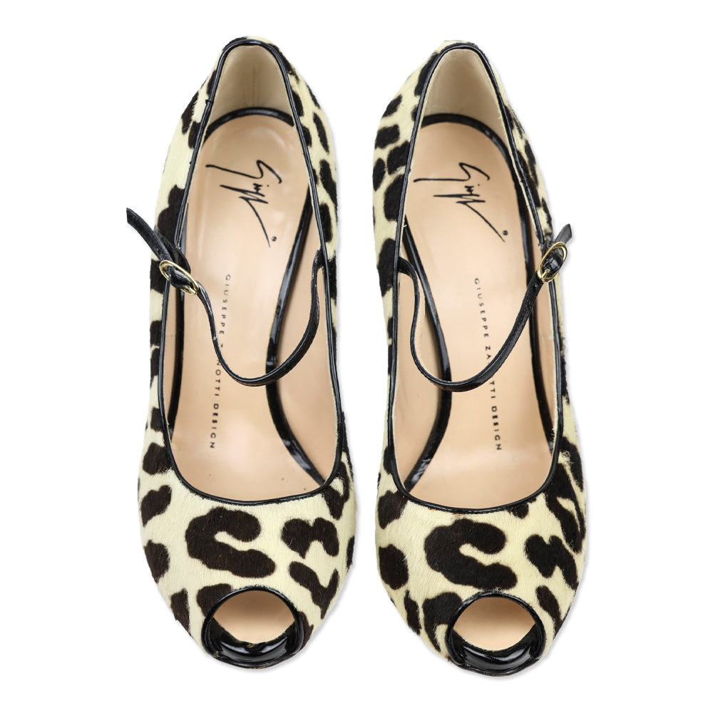 Giuseppe Zanotti Cream/Brown Cheetah Print Calfhair Mary Jan Peep Toe Pumps