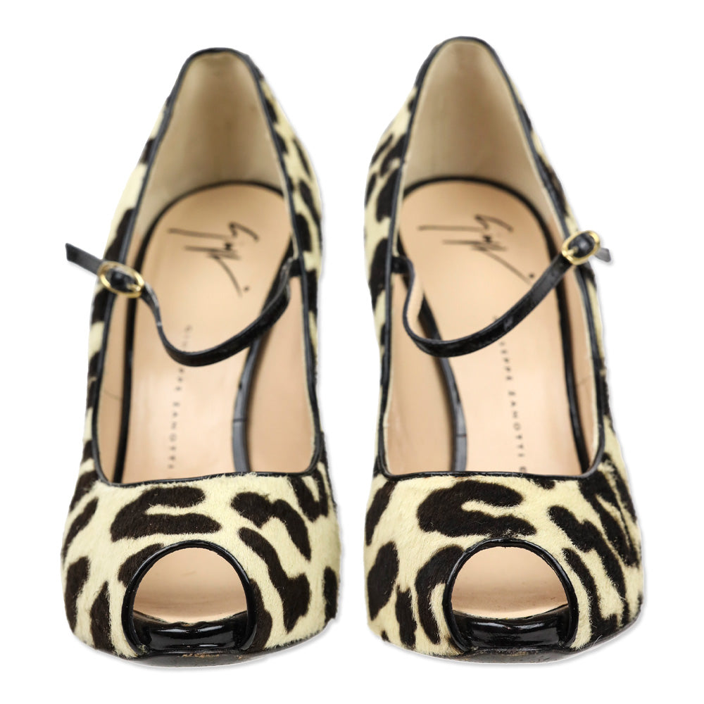 Giuseppe Zanotti Cream/Brown Cheetah Print Calfhair Mary Jan Peep Toe Pumps