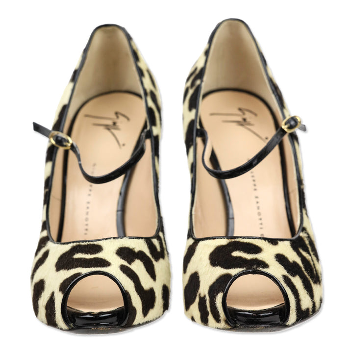 Giuseppe Zanotti Cream/Brown Cheetah Print Calfhair Mary Jan Peep Toe Pumps