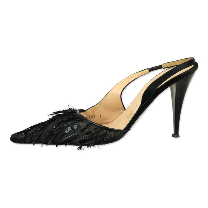 Giuseppe Zanotti Design Black Satin and Sequin/Feather Embroidered Mesh Slingback Pumps