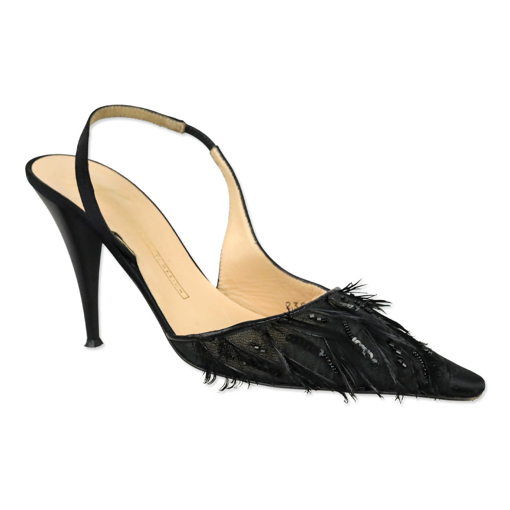 Giuseppe Zanotti Design Black Satin and Sequin/Feather Embroidered Mesh Slingback Pumps