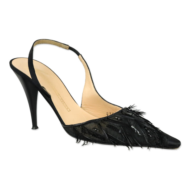 Giuseppe Zanotti Design Black Satin and Sequin/Feather Embroidered Mesh Slingback Pumps