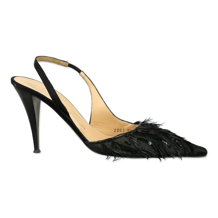 Giuseppe Zanotti Design Black Satin and Sequin/Feather Embroidered Mesh Slingback Pumps