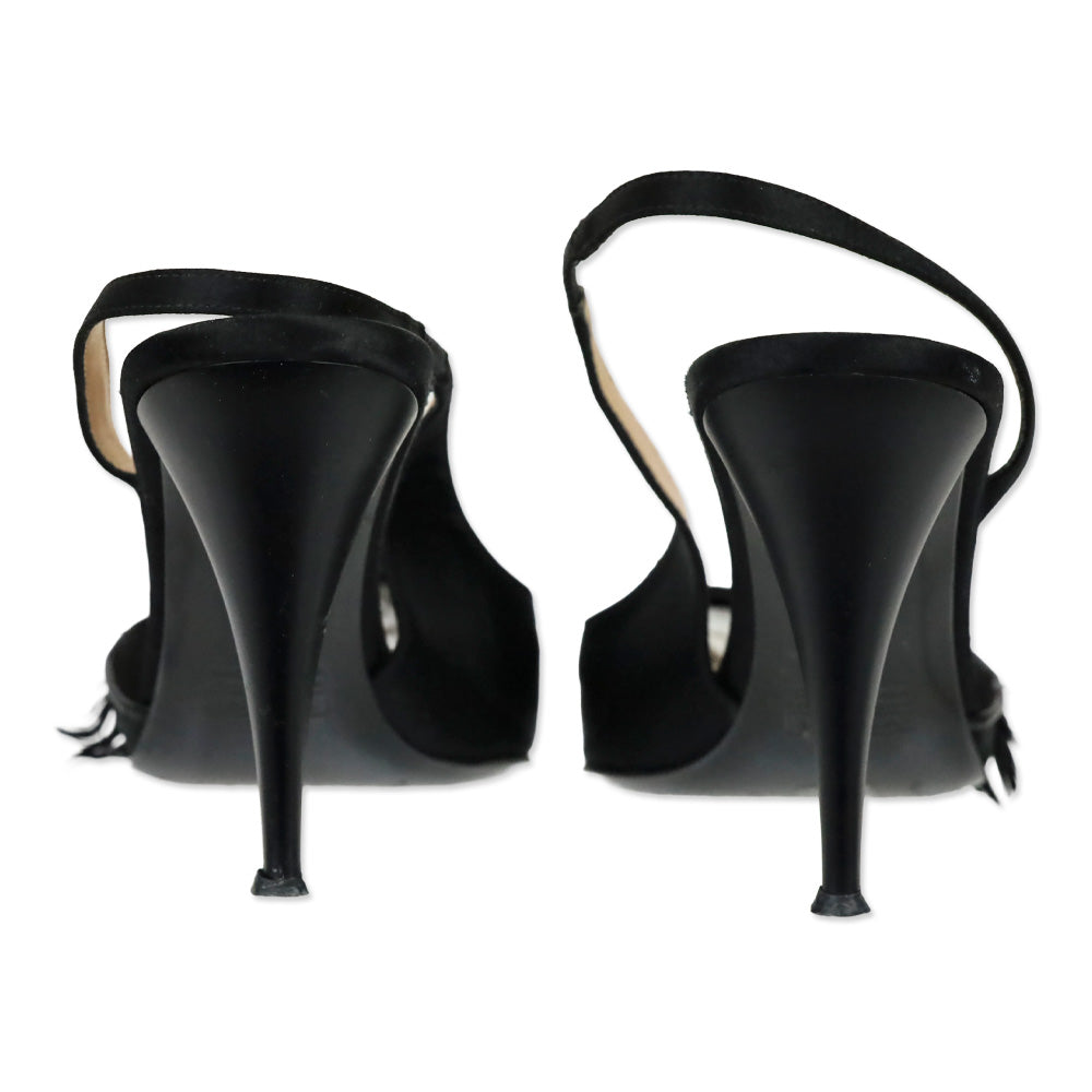 Giuseppe Zanotti Design Black Satin and Sequin/Feather Embroidered Mesh Slingback Pumps