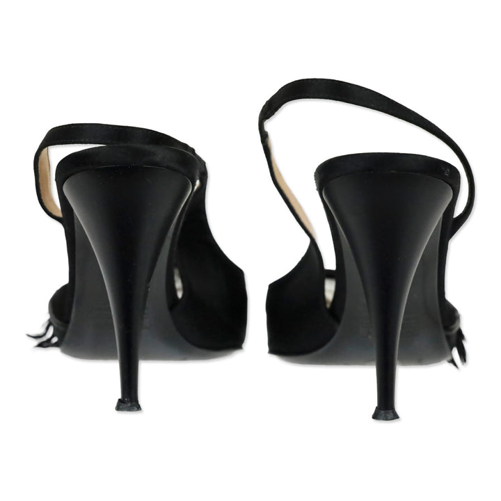 Giuseppe Zanotti Design Black Satin and Sequin/Feather Embroidered Mesh Slingback Pumps