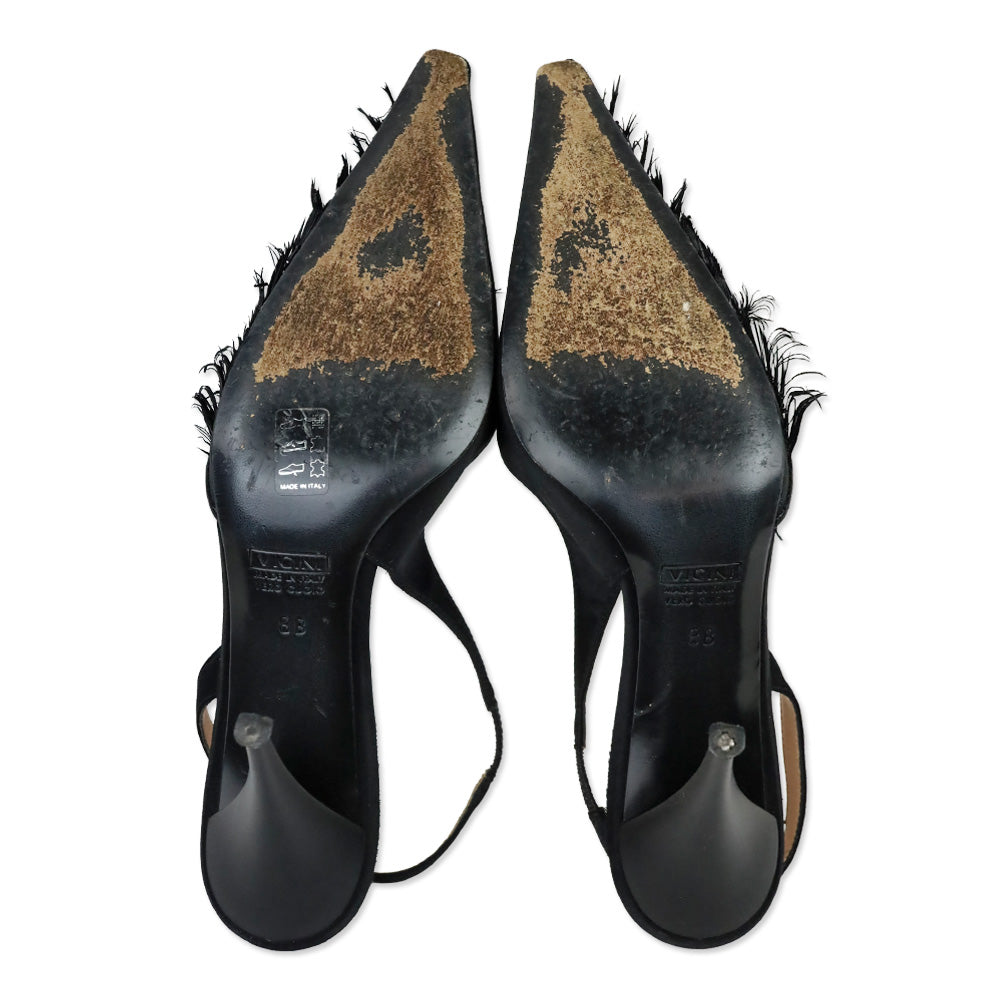 Giuseppe Zanotti Design Black Satin and Sequin/Feather Embroidered Mesh Slingback Pumps