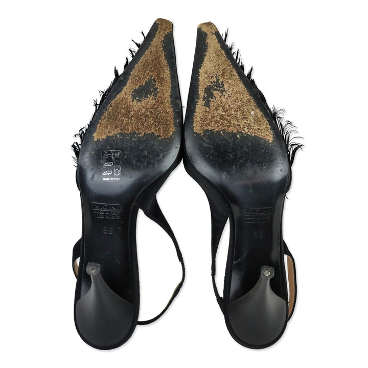 Giuseppe Zanotti Design Black Satin and Sequin/Feather Embroidered Mesh Slingback Pumps
