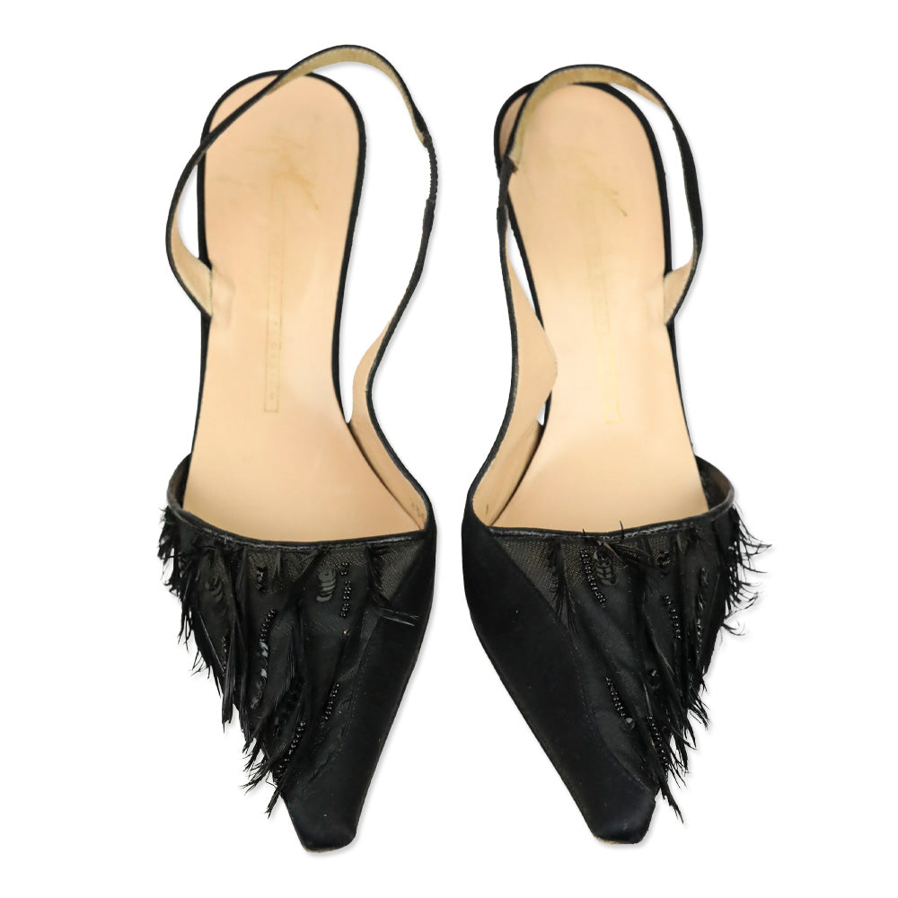 Giuseppe Zanotti Design Black Satin and Sequin/Feather Embroidered Mesh Slingback Pumps