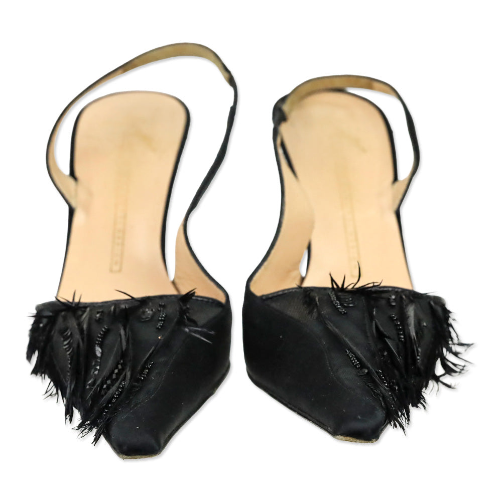Giuseppe Zanotti Design Black Satin and Sequin/Feather Embroidered Mesh Slingback Pumps