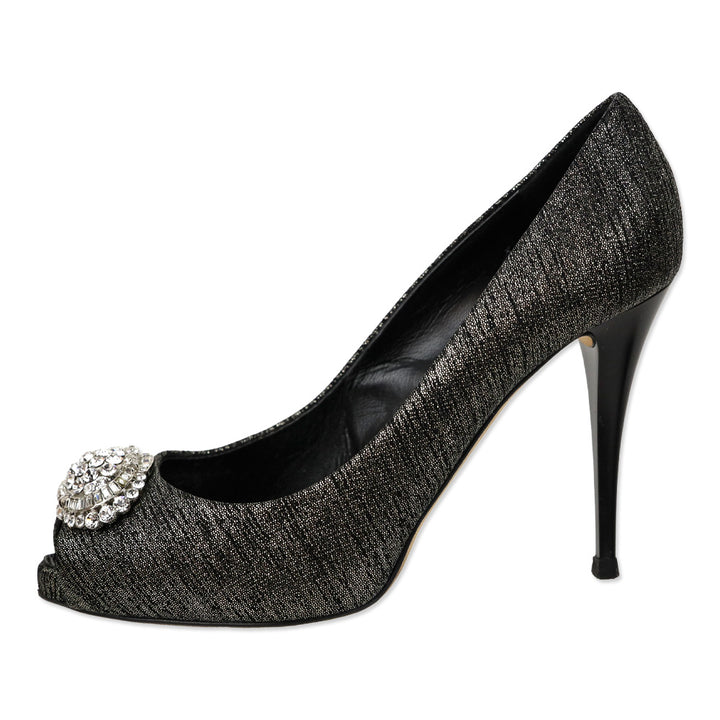 Giuseppe Zanotti Design Black/Silver Leather Peep Toe Crystal Accent Pump