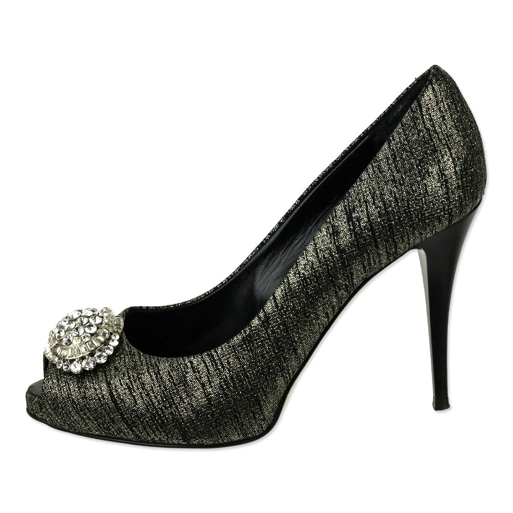 Giuseppe Zanotti Design Black/Silver Leather Peep Toe Crystal Accent Pump