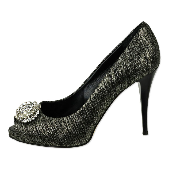 Giuseppe Zanotti Design Black/Silver Leather Peep Toe Crystal Accent Pump