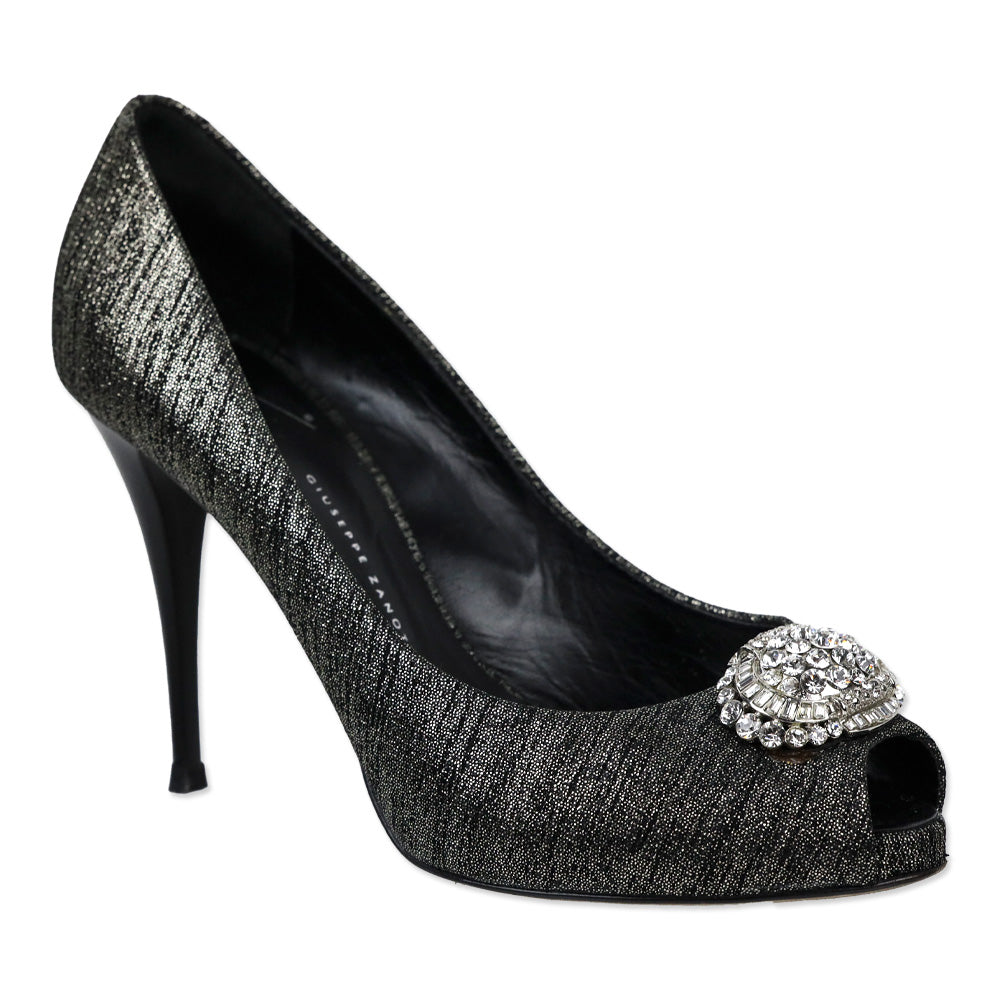 Giuseppe Zanotti Design Black/Silver Leather Peep Toe Crystal Accent Pump