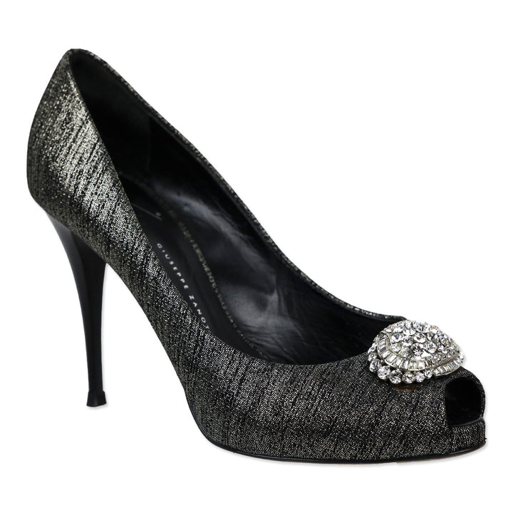 Giuseppe Zanotti Design Black/Silver Leather Peep Toe Crystal Accent Pump