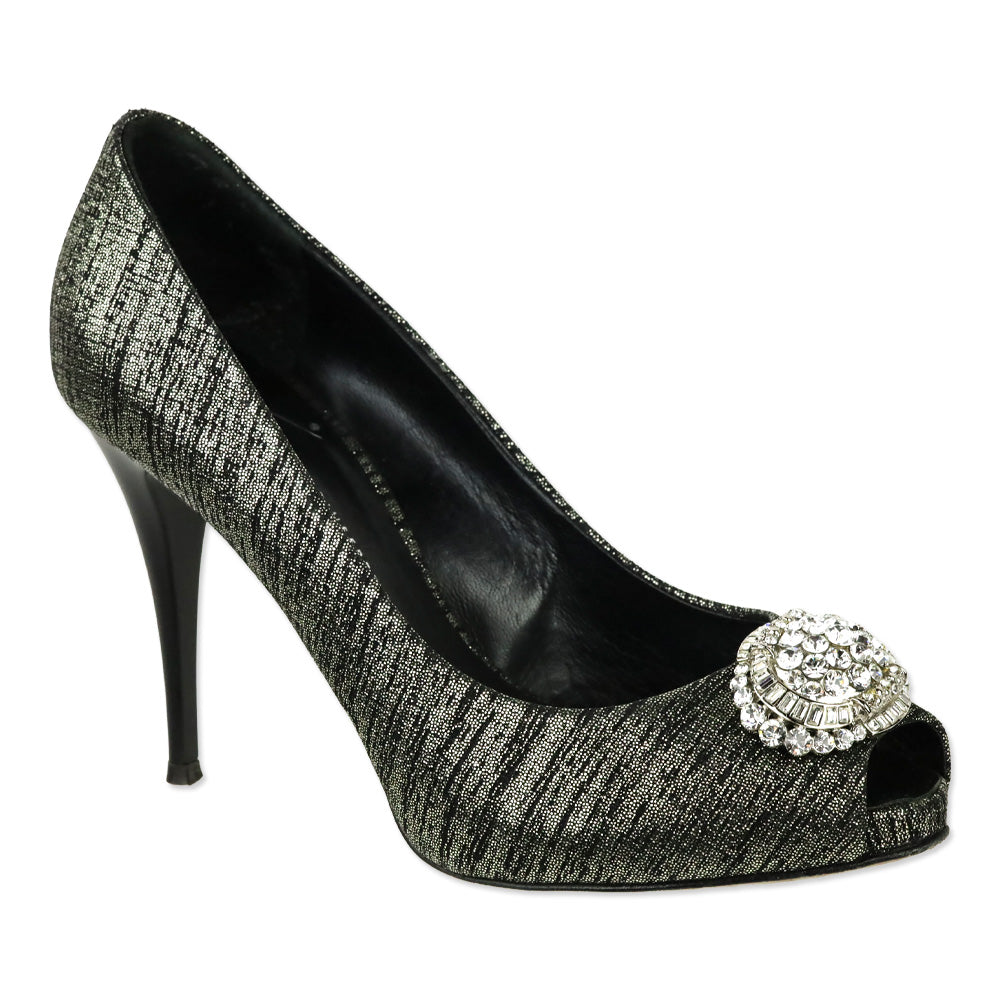 Giuseppe Zanotti Design Black/Silver Leather Peep Toe Crystal Accent Pump