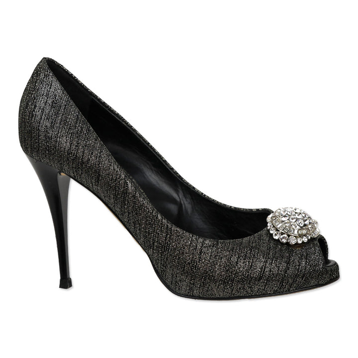 Giuseppe Zanotti Design Black/Silver Leather Peep Toe Crystal Accent Pump