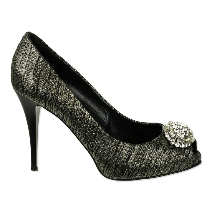 Giuseppe Zanotti Design Black/Silver Leather Peep Toe Crystal Accent Pump