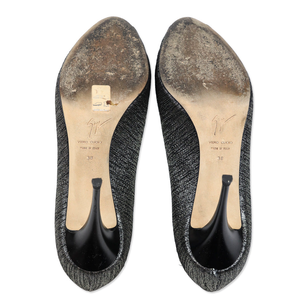 Giuseppe Zanotti Design Black/Silver Leather Peep Toe Crystal Accent Pump
