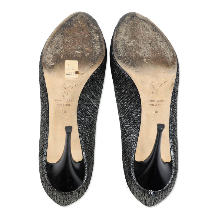 Giuseppe Zanotti Design Black/Silver Leather Peep Toe Crystal Accent Pump