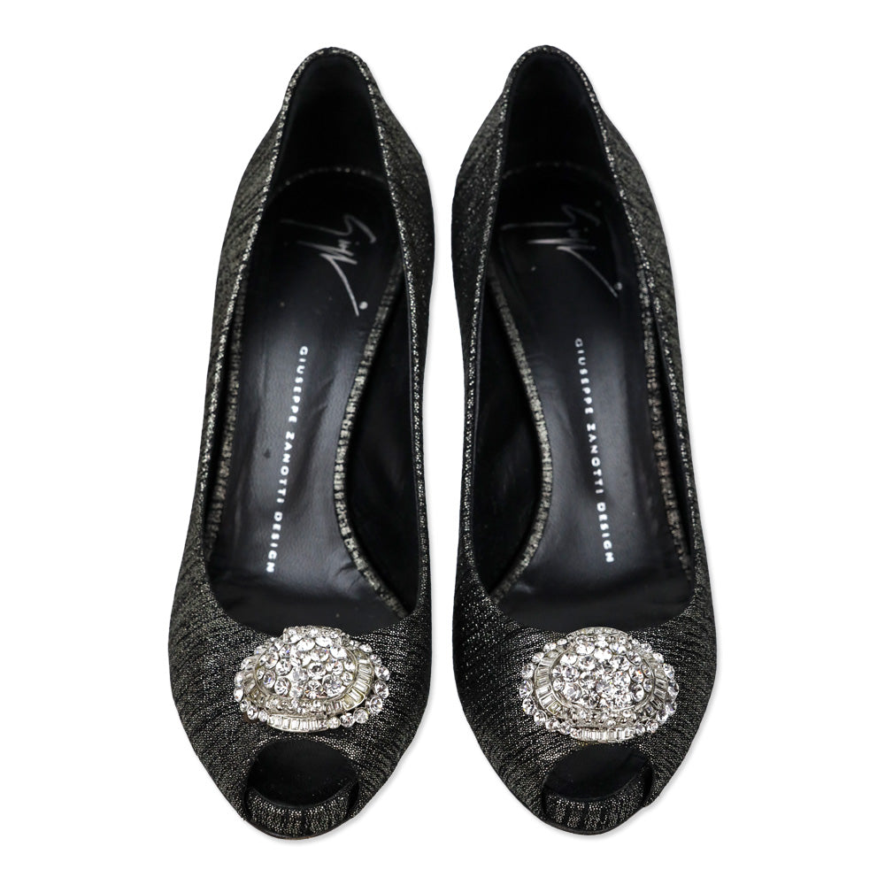 Giuseppe Zanotti Design Black/Silver Leather Peep Toe Crystal Accent Pump