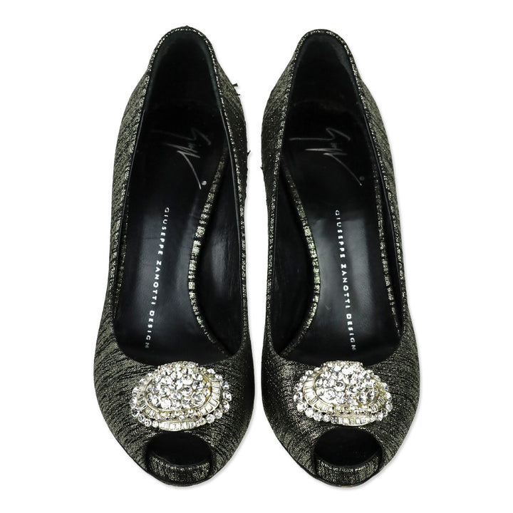 Giuseppe Zanotti Design Black/Silver Leather Peep Toe Crystal Accent Pump