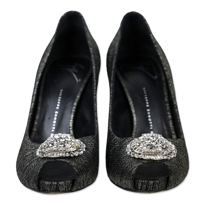 Giuseppe Zanotti Design Black/Silver Leather Peep Toe Crystal Accent Pump