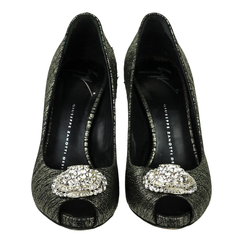 Giuseppe Zanotti Design Black/Silver Leather Peep Toe Crystal Accent Pump