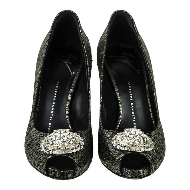 Giuseppe Zanotti Design Black/Silver Leather Peep Toe Crystal Accent Pump