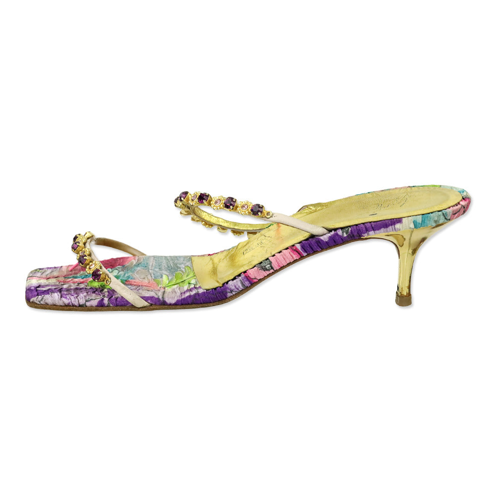Giuseppe Zanotti Gold and Purple Crystal Strappy Mule Sandals