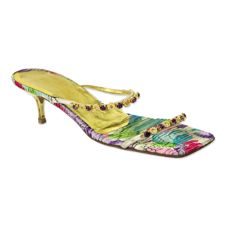 Giuseppe Zanotti Gold and Purple Crystal Strappy Mule Sandals
