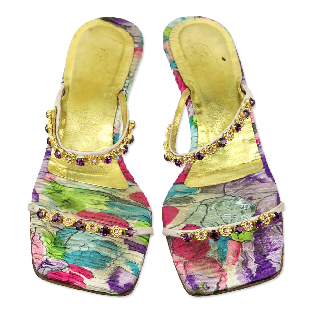 Giuseppe Zanotti Gold and Purple Crystal Strappy Mule Sandals