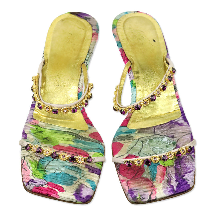 Giuseppe Zanotti Gold and Purple Crystal Strappy Mule Sandals