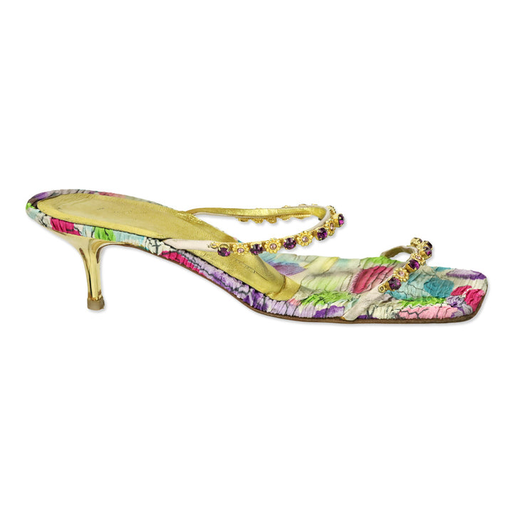Giuseppe Zanotti Gold and Purple Crystal Strappy Mule Sandals