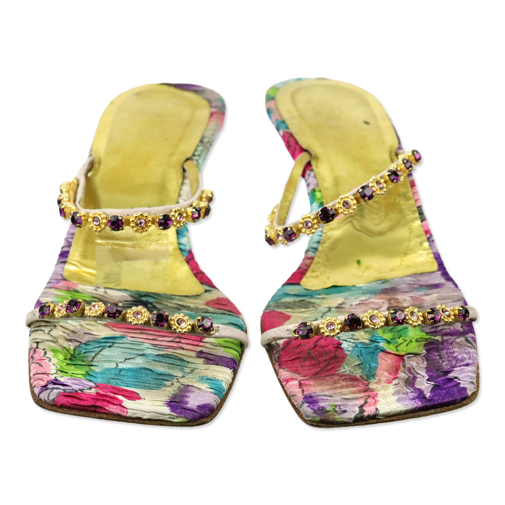 Giuseppe Zanotti Gold and Purple Crystal Strappy Mule Sandals
