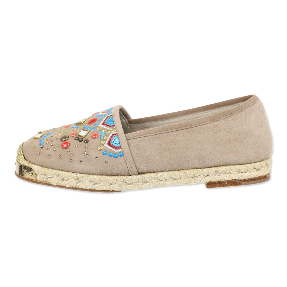 Giuseppe Zanotti Light Brown Suede Beaded Embroidered Espadrille Flat
