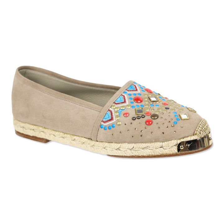 Giuseppe Zanotti Light Brown Suede Beaded Embroidered Espadrille Flat