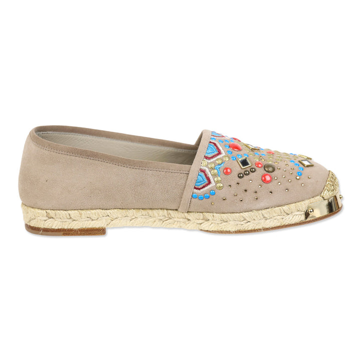 Giuseppe Zanotti Light Brown Suede Beaded Embroidered Espadrille Flat