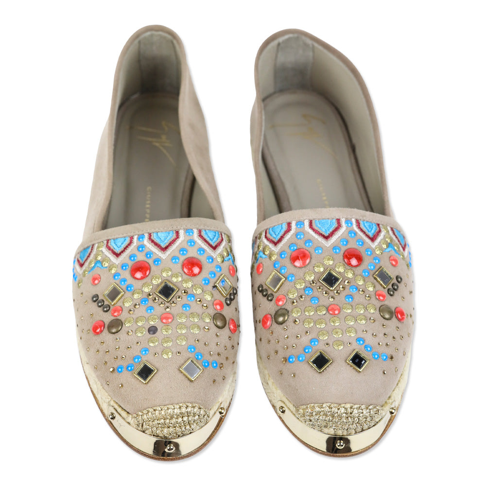 Giuseppe Zanotti Light Brown Suede Beaded Embroidered Espadrille Flat