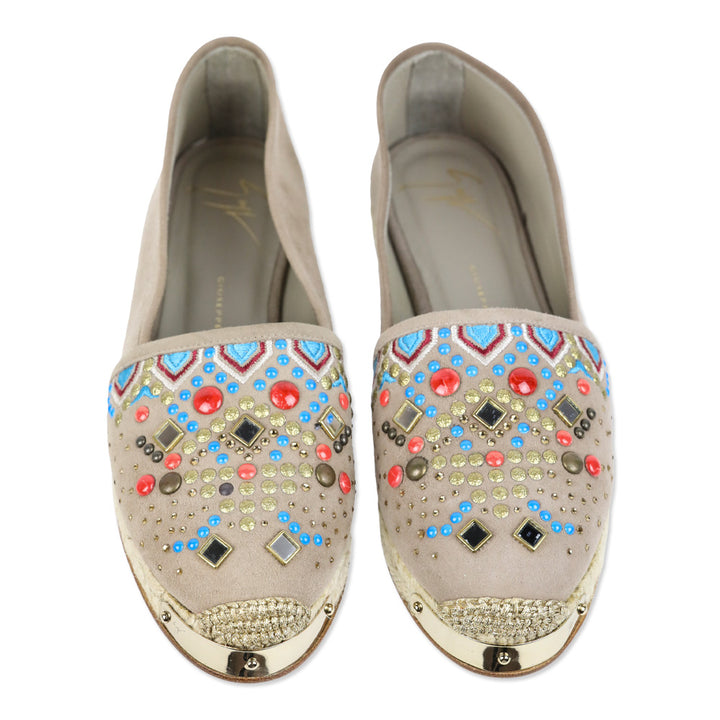 Giuseppe Zanotti Light Brown Suede Beaded Embroidered Espadrille Flat