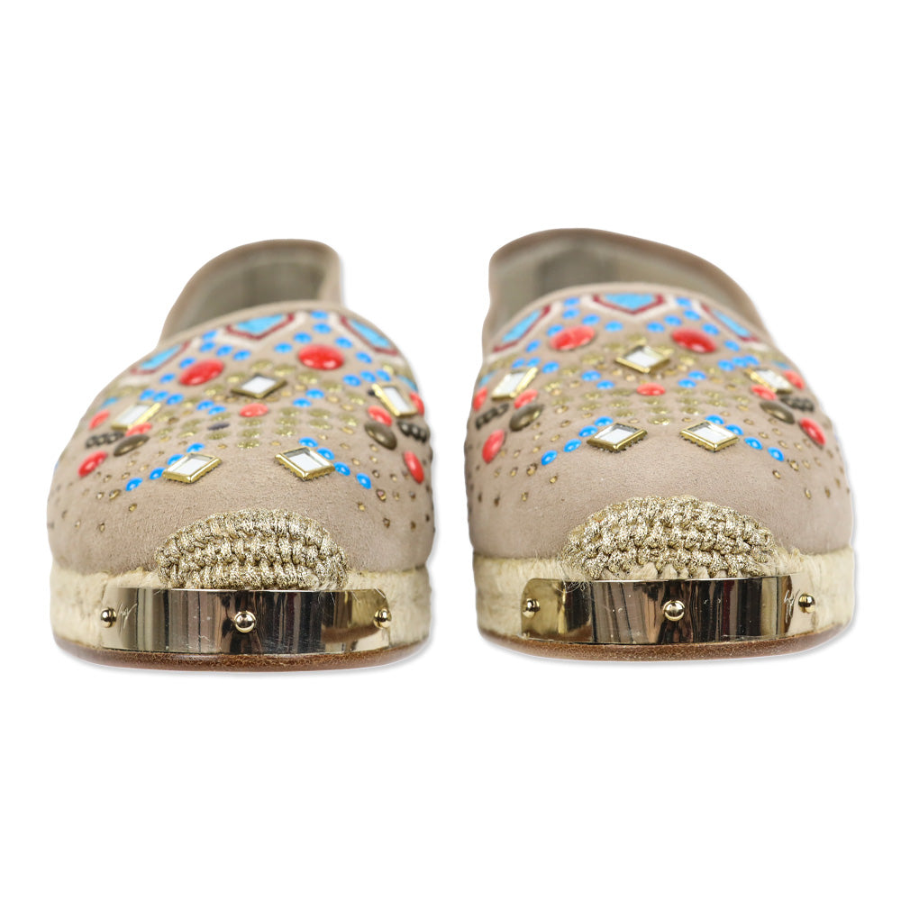 Giuseppe Zanotti Light Brown Suede Beaded Embroidered Espadrille Flat