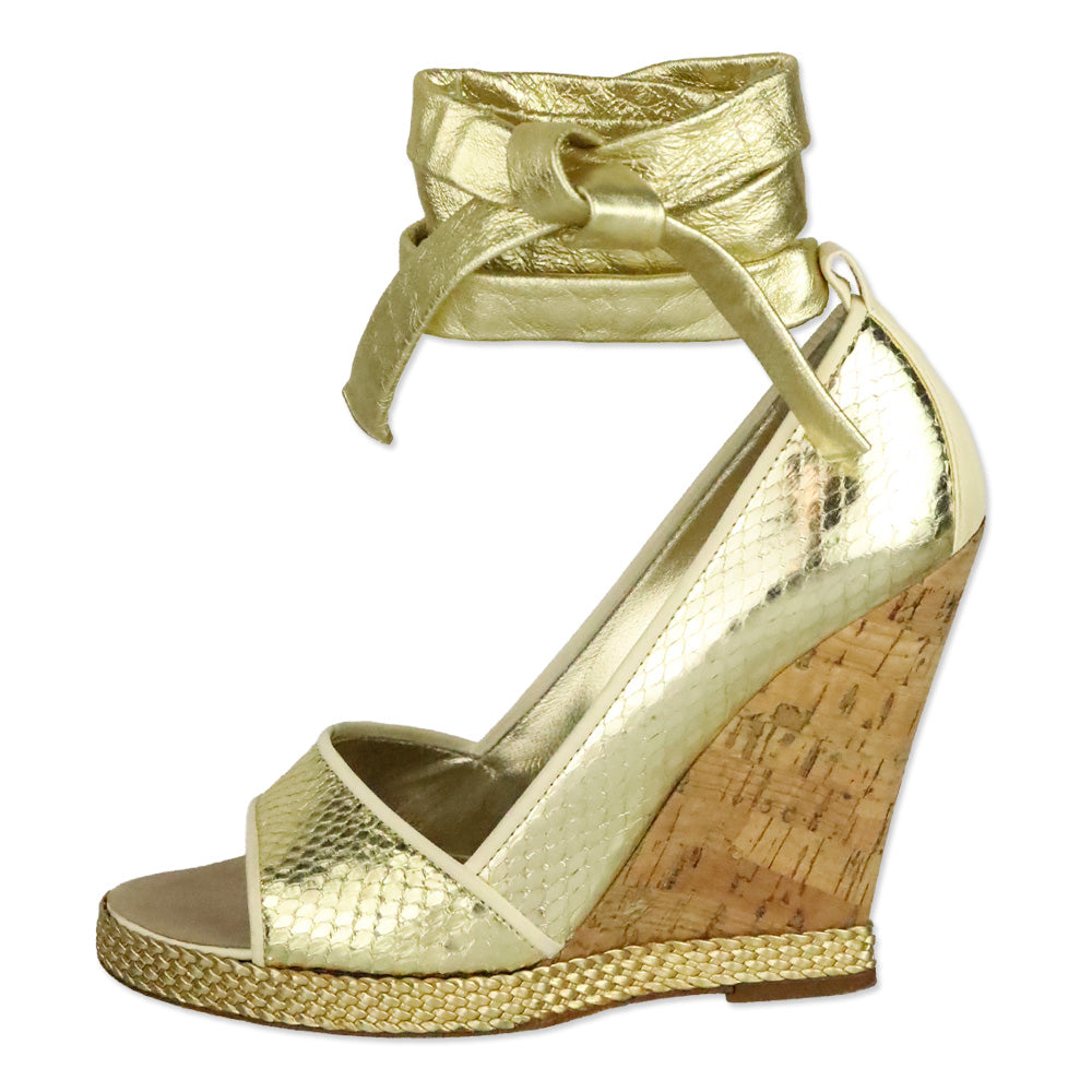 Giuseppe Zanotti Metallic Gold Snakeskin Taz 100 Ankle-Wrap Sandal