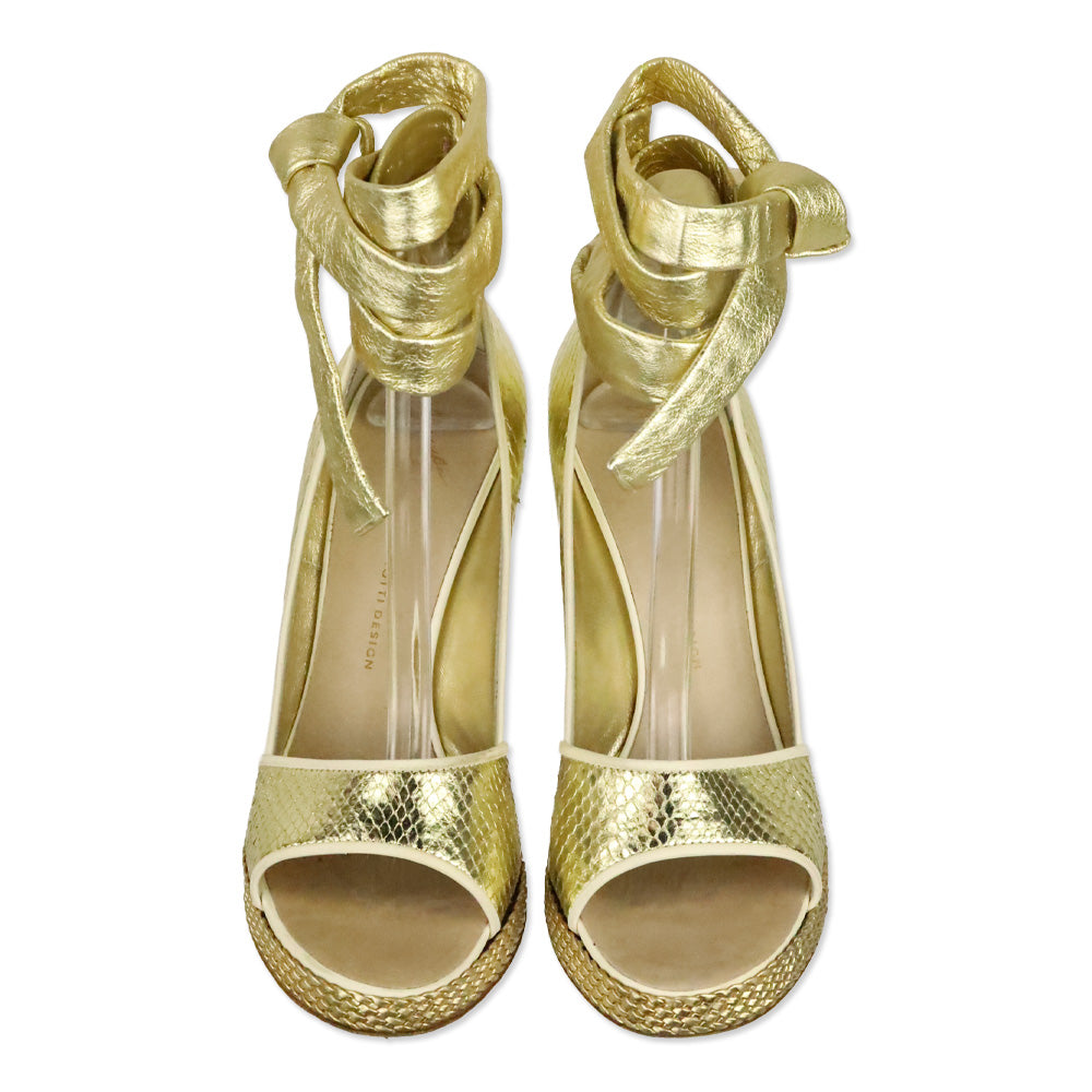 Giuseppe Zanotti Metallic Gold Snakeskin Taz 100 Ankle-Wrap Sandal
