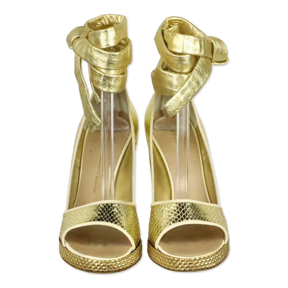 Giuseppe Zanotti Metallic Gold Snakeskin Taz 100 Ankle-Wrap Sandal