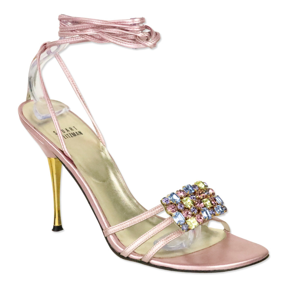 Giuseppe Zanotti Metallic Pink Leather Multi Crystal Ankle-Wrap Sandal