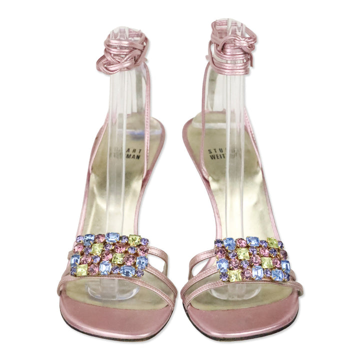 Giuseppe Zanotti Metallic Pink Leather Multi Crystal Ankle-Wrap Sandal