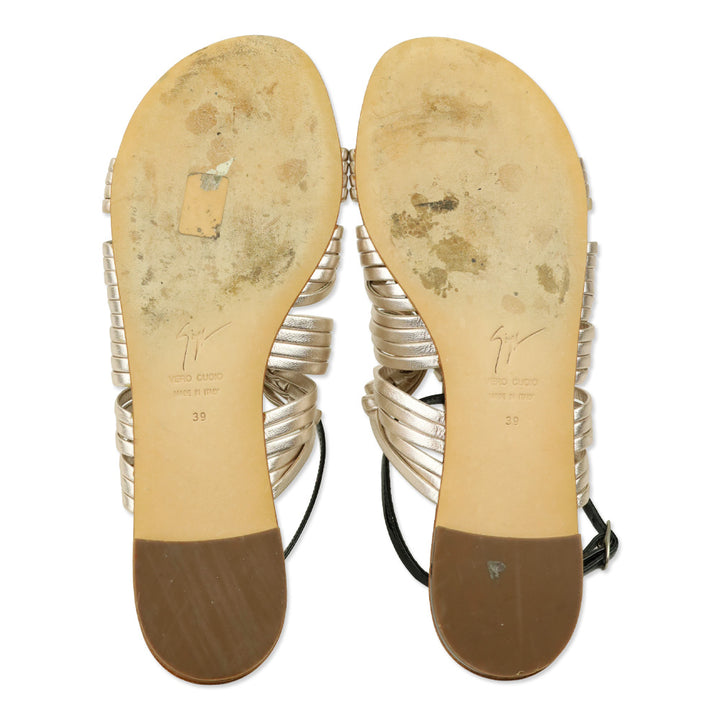 Giuseppe Zanotti Metallic Rose Gold Leather Ankle-Strap Flat Sandals