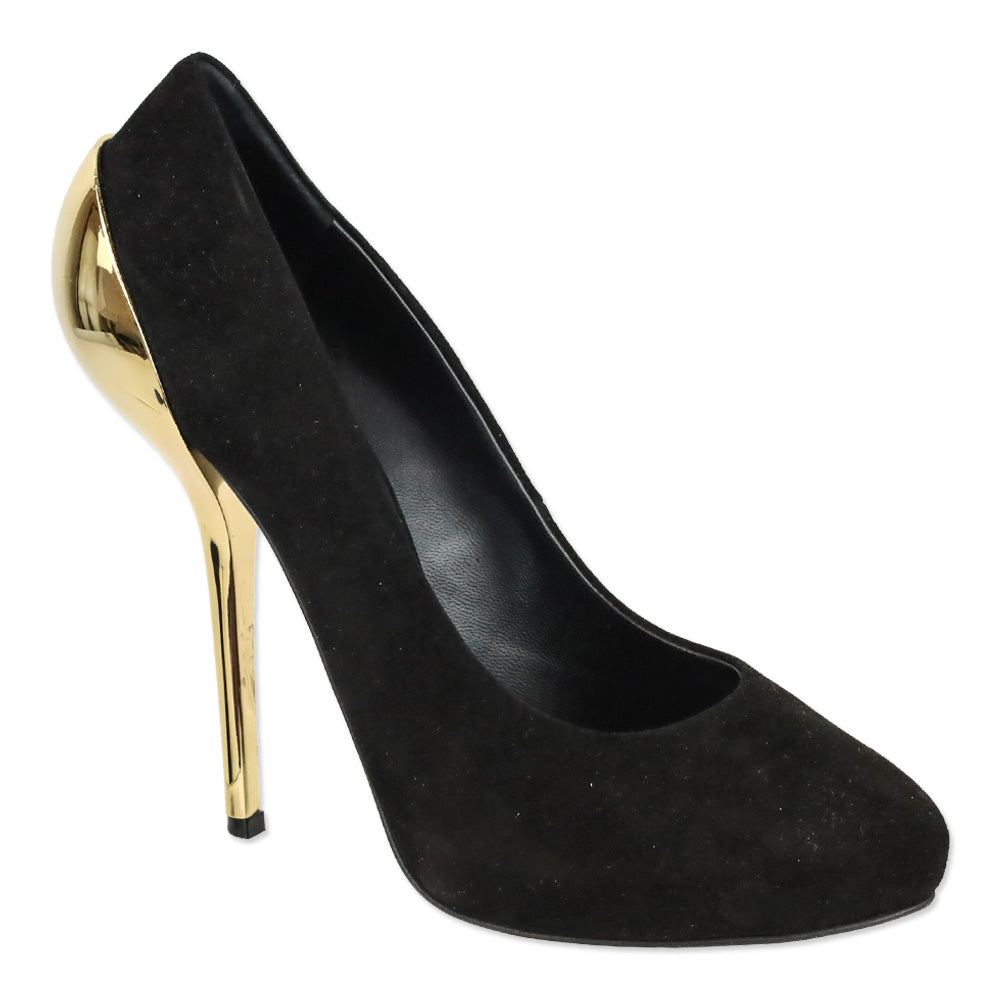 Giuseppe Zanotti Nana 105 Black Suede Gold Metal Cap Heel Pumps