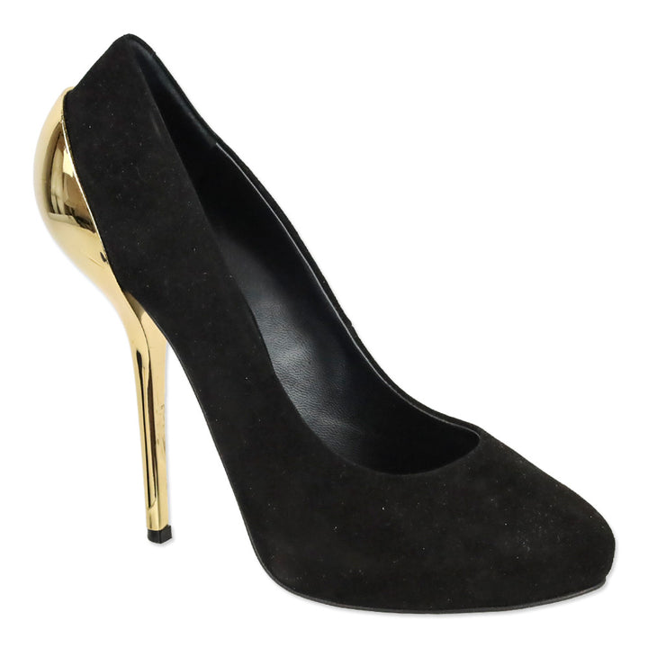 Giuseppe Zanotti Nana 105 Black Suede Gold Metal Cap Heel Pumps