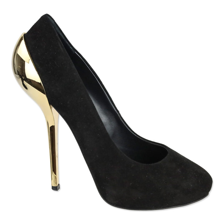 Giuseppe Zanotti Nana 105 Black Suede Gold Metal Cap Heel Pumps