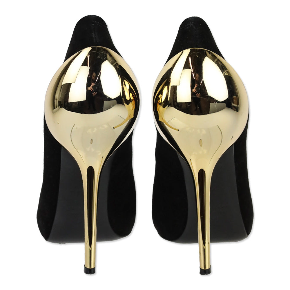 Giuseppe Zanotti Nana 105 Black Suede Gold Metal Cap Heel Pumps